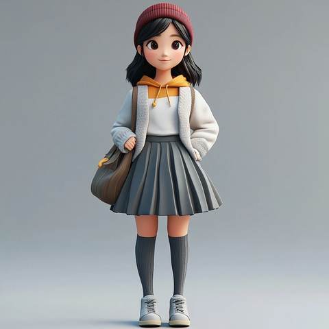 亚洲女孩短黑发穿灰裙白衫