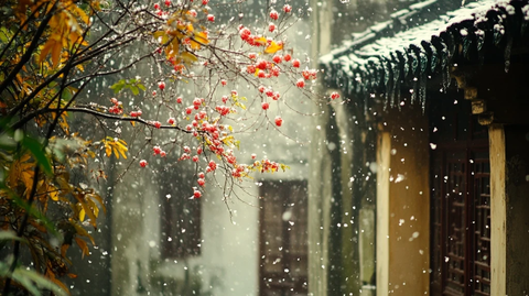 雪中古建筑旁的红果树枝头