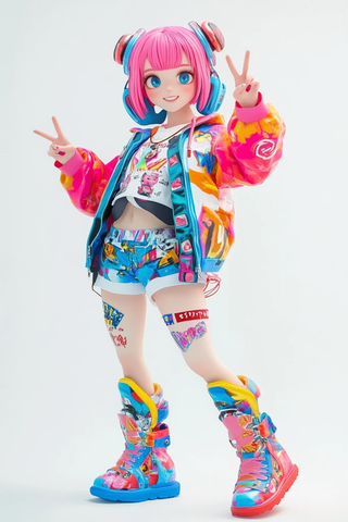 粉色头发女孩和平手势