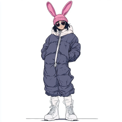 动漫角色戴兔耳帽穿蓬松服装