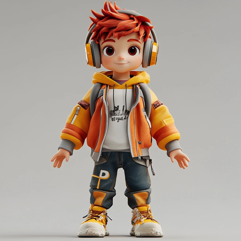 男孩红发耳机嘻哈服装