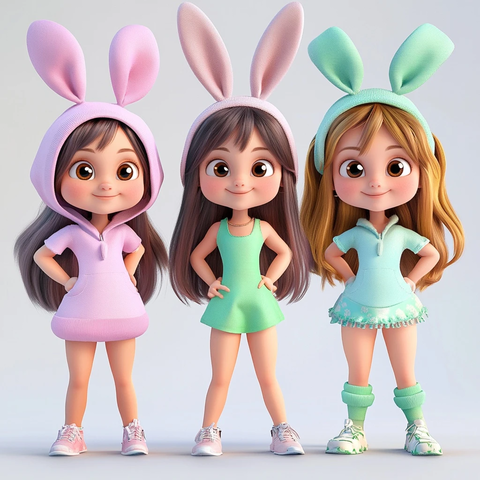 四女孩不同发色服装模型