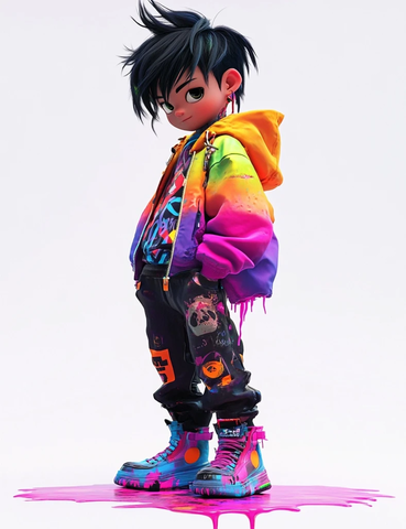 黑发少年彩虹夹克街景