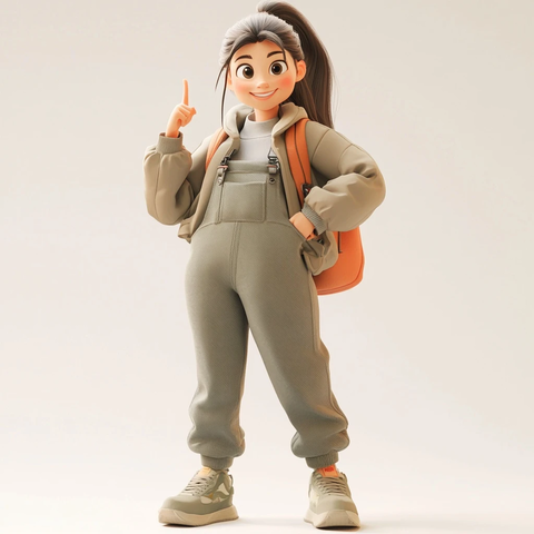 背包女牛仔夹克微笑指向前方