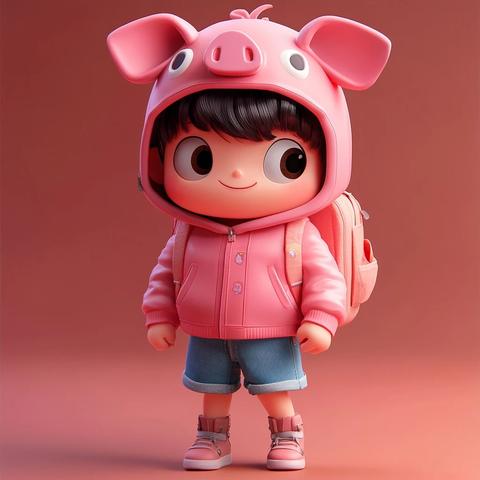 男孩戴粉色猪头帽背包出行