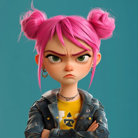 粉发女孩愤怒交叉手臂