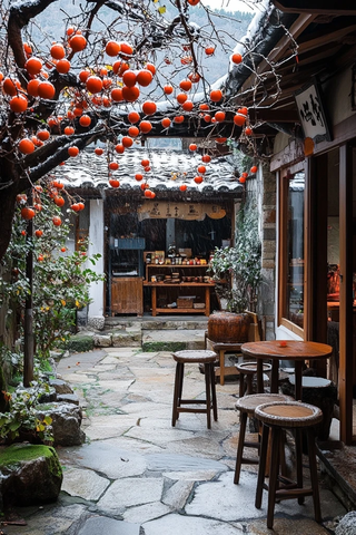 积雪中的庭院柿子树点缀古朴氛围