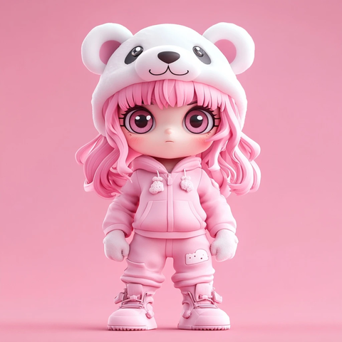 粉色头发女孩白熊帽子