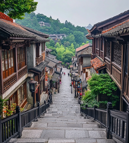 古色古香的阶梯式传统建筑街道