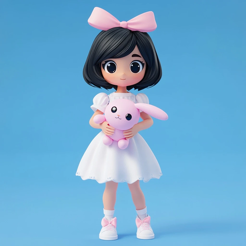 黑发女孩白裙粉弓手绘角色