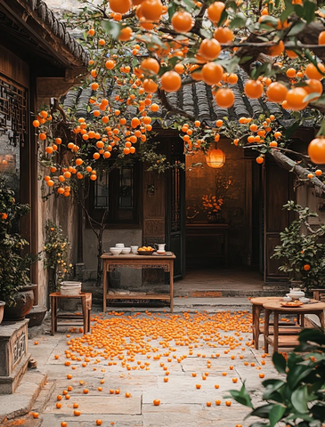 满院金桔的古宅庭院