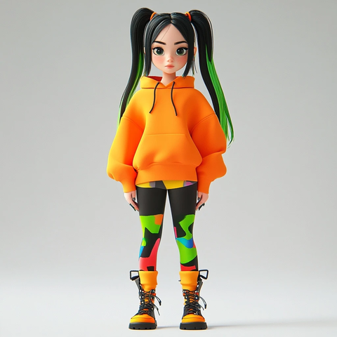 绿黑发少女穿橙色卫衣卡通造型