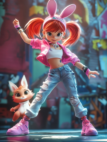 红发女孩跳舞带兔子耳饰