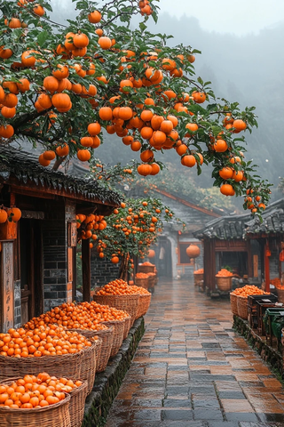 挂满果实的小巷充满丰收气息的景象