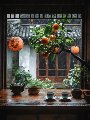 雨中窗前赏橘树品茗的中式庭院景致