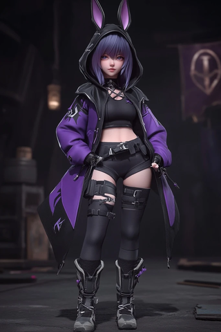 黑紫色兔耳少女全套角色设计