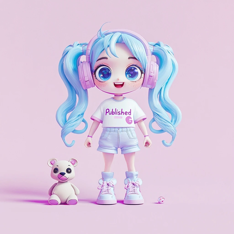 蓝发女孩佩戴耳机与小熊玩具