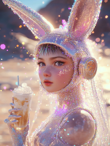 兔子女孩手持冰美式咖啡