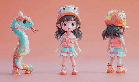 蛇形帽女孩盲盒玩具渲染