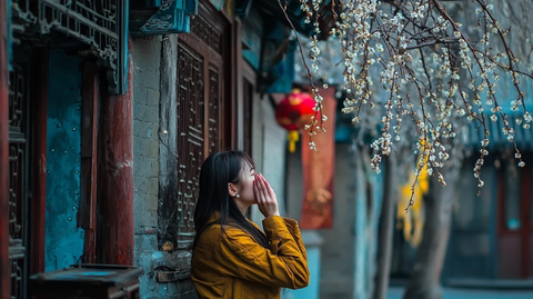 女子身穿黄衣站在古建筑旁赏梅花