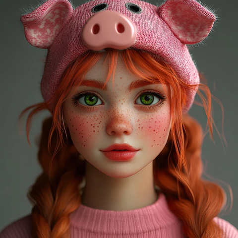 红发绿眼女孩戴粉色猪帽