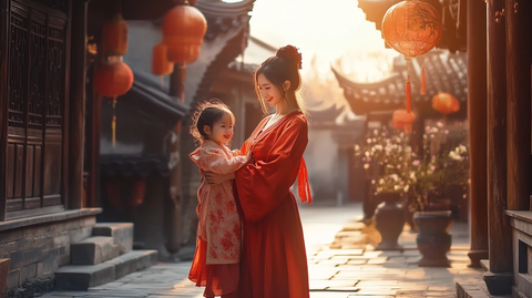 古巷中穿古装的母女温馨同框