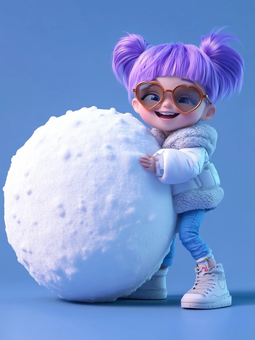 小女孩推巨大雪球