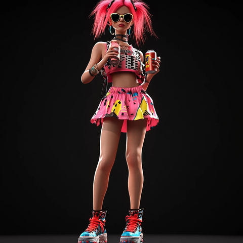 彩色头发女孩手持能量饮料