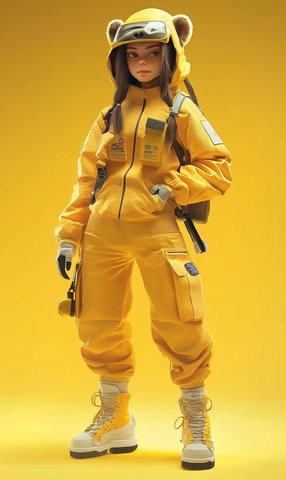 女孩穿黄色未来风服装戴猩猩头套