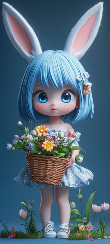 小女孩蓝色短发提花篮