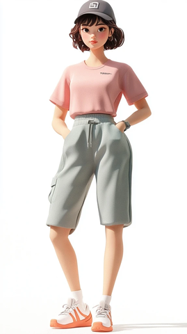 短发女子运动装夏季全身照