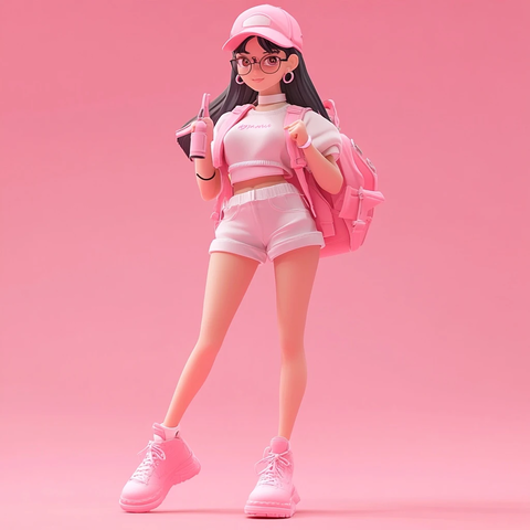 夏日粉色女生盲盒插画