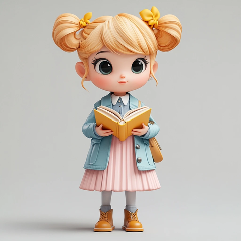 小女孩手拿书皮粉色裙子