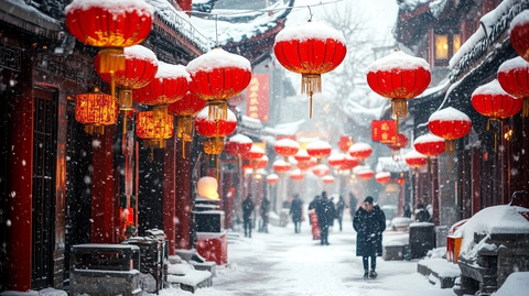 雪中挂满红灯笼的古街