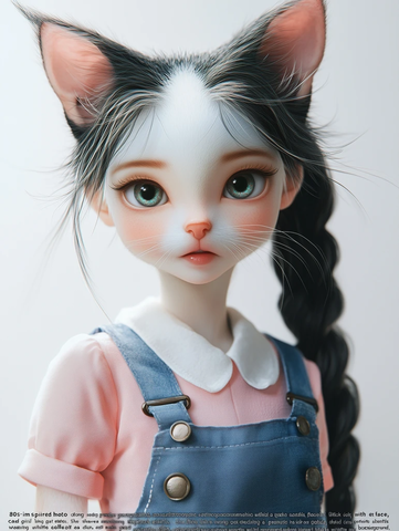 猫女孩穿粉色上衣蓝背带裤