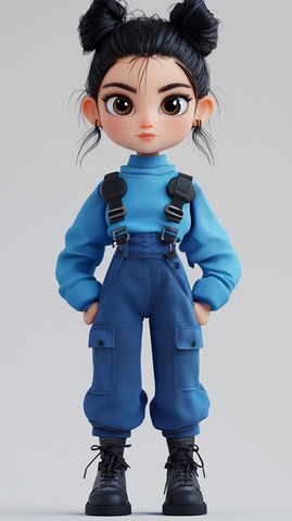 黑发女孩穿着蓝色衣裤