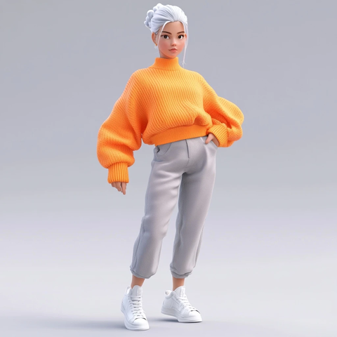 橙色毛衣搭配灰色高腰裤