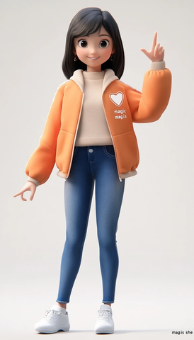 亚洲女孩比心穿橙色外套