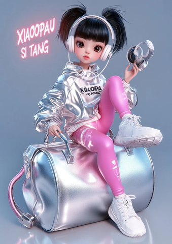 女孩坐银包戴耳机太阳镜