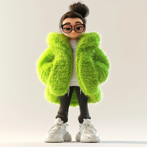 女孩穿着绿色毛衣黑裤白鞋