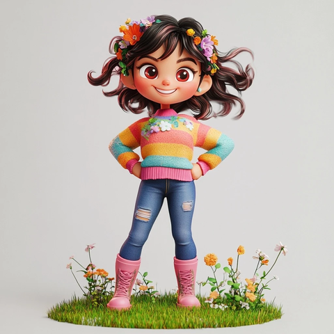 女孩站在草地穿彩色毛衣