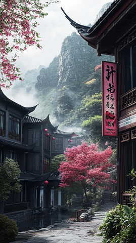 古色古香的中式建筑旁盛开的粉花树