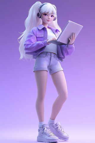 白短袖白裤紫眼长发女孩