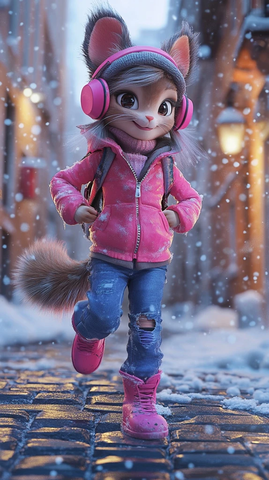 小女孩街边跳舞雪地微笑