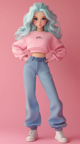 粉色卫衣女孩蓝色牛仔裤