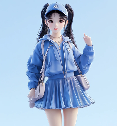 蓝色棒球外套双马尾女孩