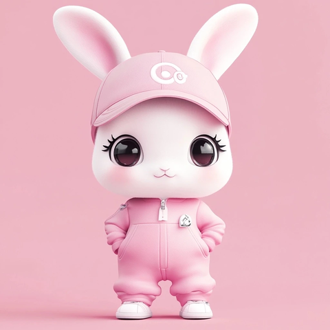 白兔穿粉色跳跃服戴棒球帽