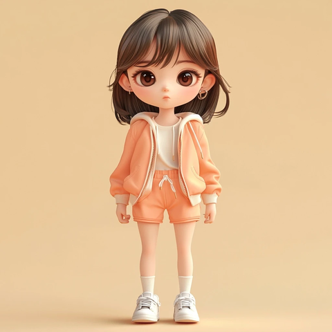 短发女孩穿桃色外套配白色短裤