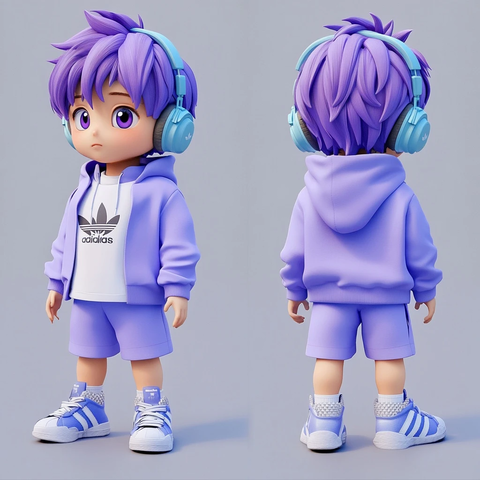 紫色头发男孩耳机运动鞋