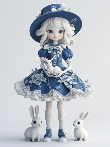蓝白瓷裙少女抱兔玩偶